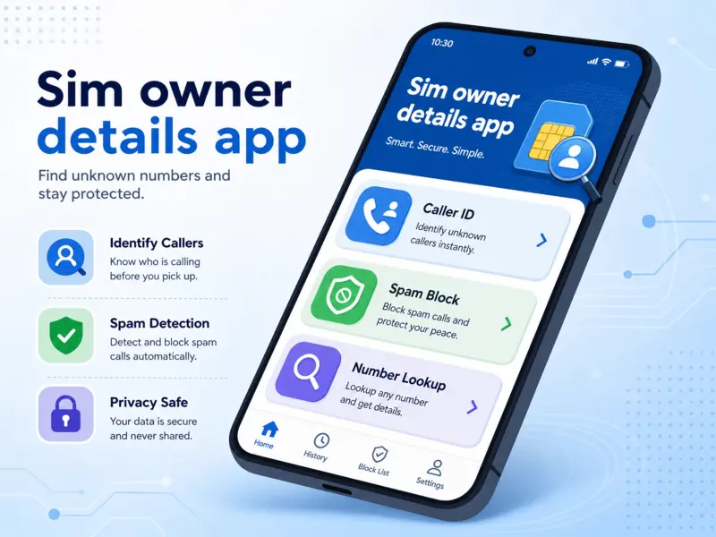 Infographic illustrating the main features and benefits of using a Sim owner details app for mobile number identification and spam protection.