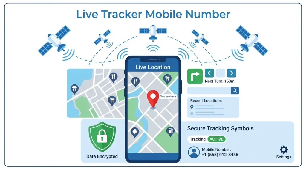 Live Tracker Mobile Number illustration showing smartphone GPS tracking