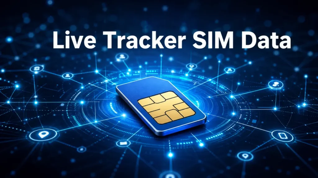 A professional 3D visualization of live tracker sim data showing a SIM card connected to a global digital network.