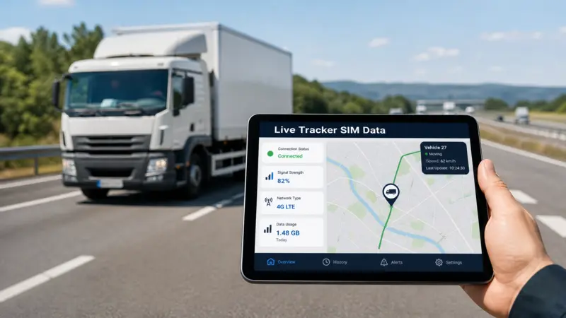 A real-world application of live tracker sim data used for vehicle tracking and fleet management on a mobile tablet.