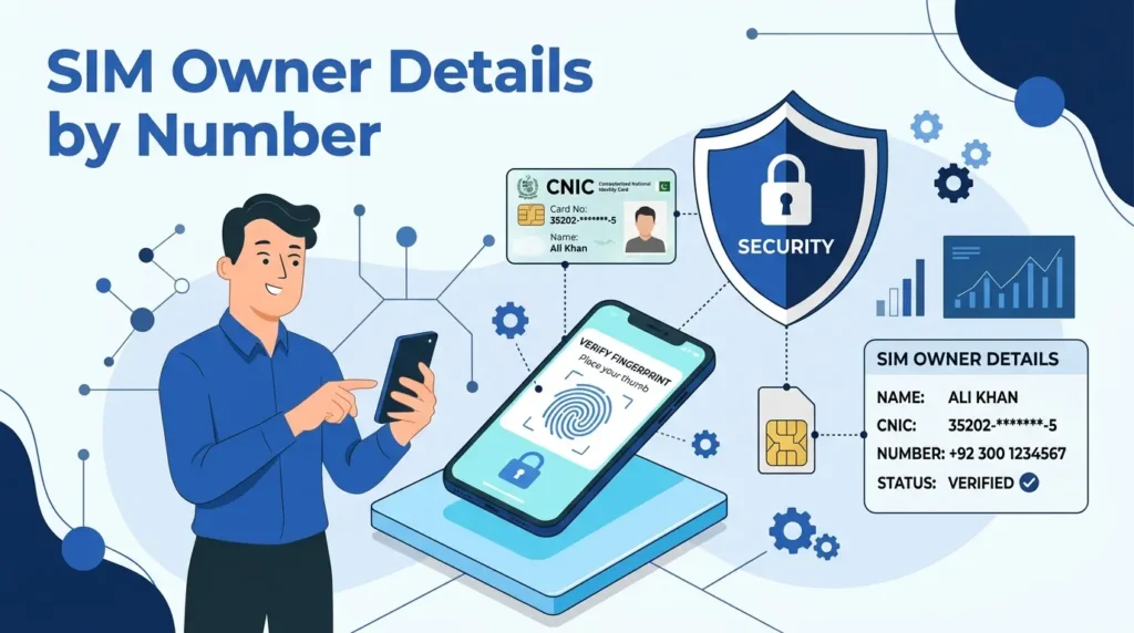 SIM Owner Details by Number with smartphone, SIM card, and CNIC verification