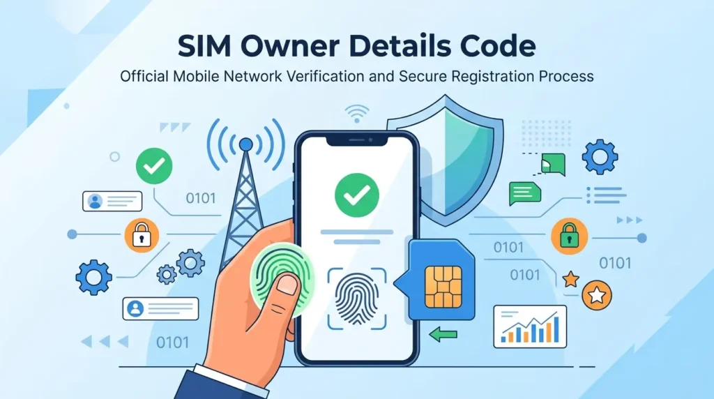 SIM Owner Details Code with smartphone, SIM card, and security shield
