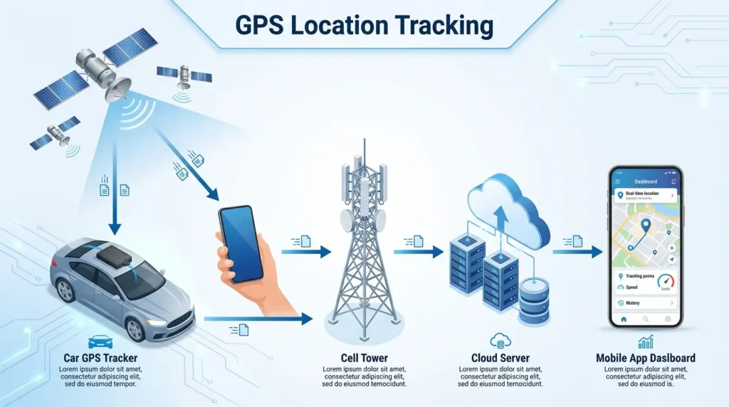 Illustration explaining how GPS location tracking works using satellites, mobile networks, and GPS devices