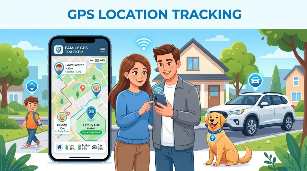 GPS location tracking app displaying family safety, pet tracking, and real-time location monitoring on a smartphone