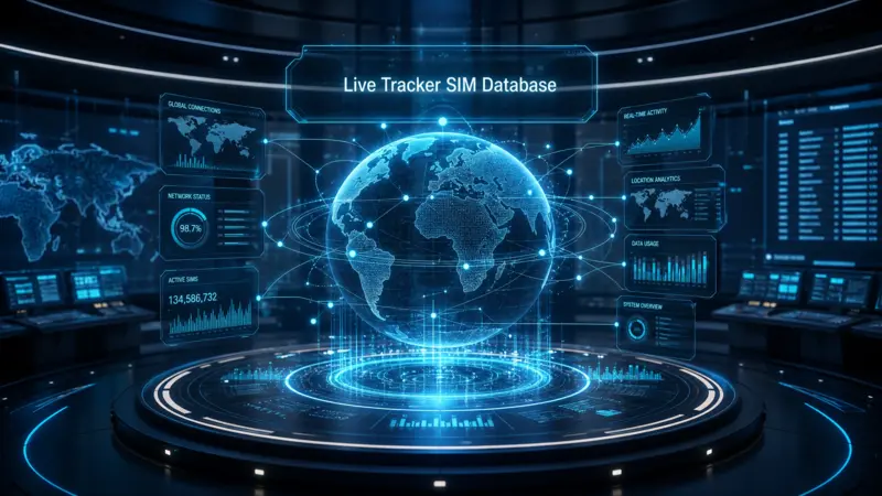 A futuristic telecommunications command center interface displaying Live Tracker SIM Database information on a global scale.