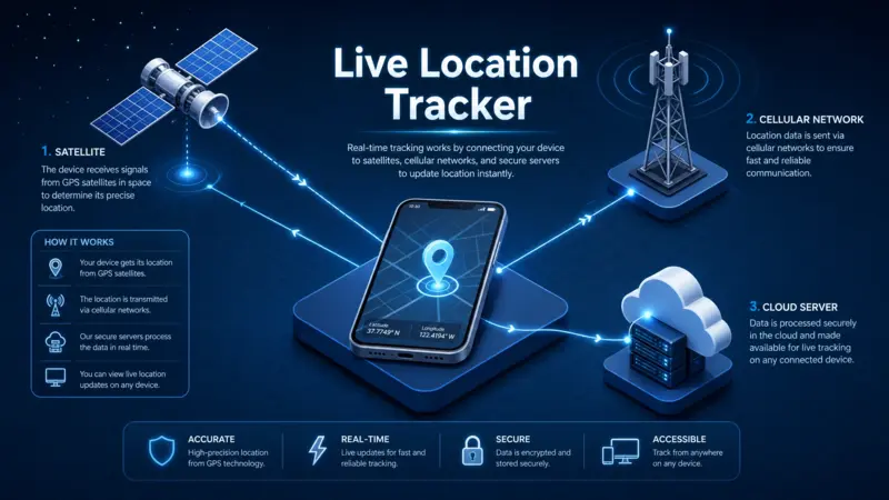 Technical infographic explaining the data synchronization between satellites, cell towers, and cloud servers for a live location tracker.