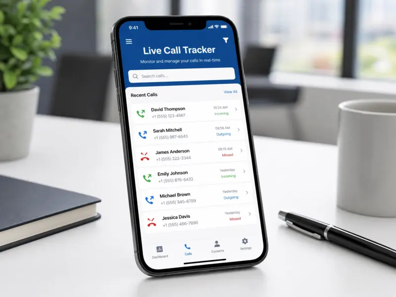 Live Call Tracker app dashboard on a smartphone showing recent call activity and logs.