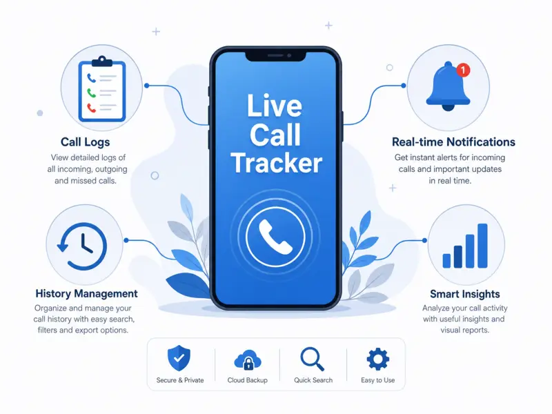 Infographic detailing Live Call Tracker features like call logs, history, and notifications.