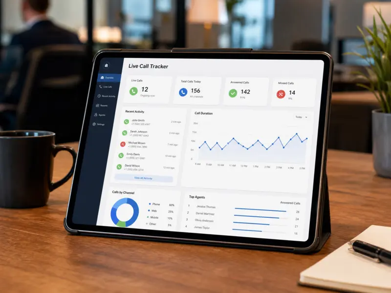 Tablet showing a Live Call Tracker business dashboard for productivity in an office.