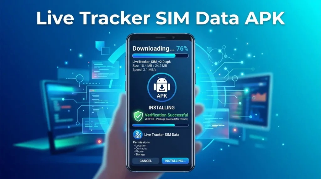 Live Tracker SIM Data APK displayed on an Android smartphone showing SIM card information and device details.