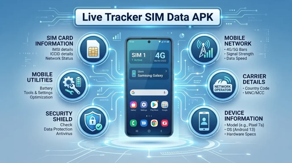 Live Tracker SIM Data APK features including SIM information, mobile network, carrier details, and device information.