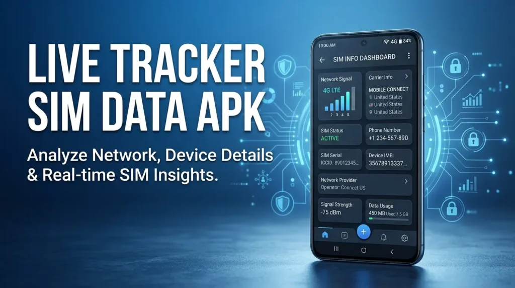 Live Tracker SIM Data APK security illustration highlighting Android privacy, permissions, and safe APK installation.