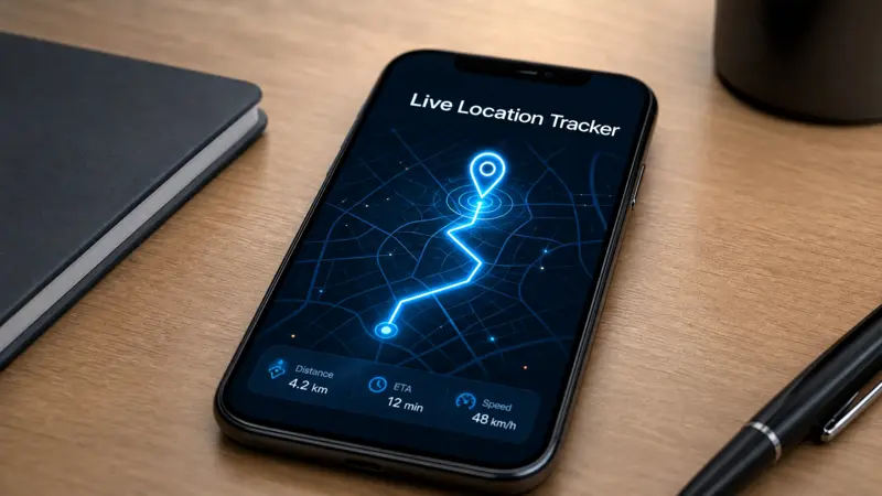 A smartphone displaying a live location tracker app with a real-time GPS route on a digital map.