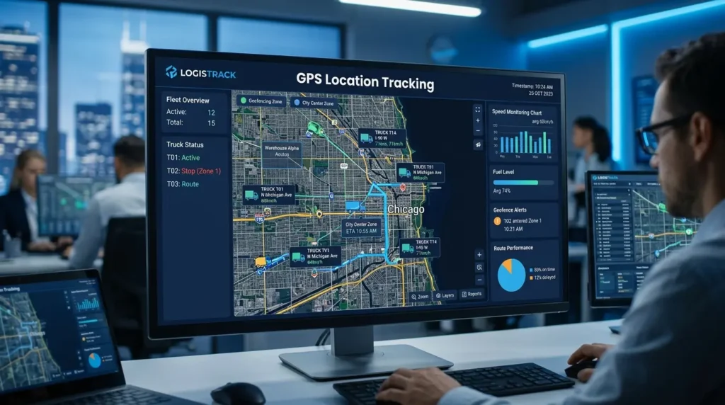 GPS location tracking dashboard showing live vehicle, smartphone, and satellite connections in real time