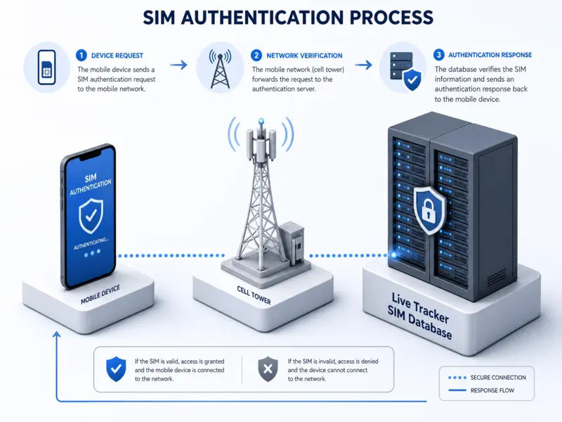 An educational infographic showing the step-by-step process of mobile number verification using a Live Tracker SIM Database.
