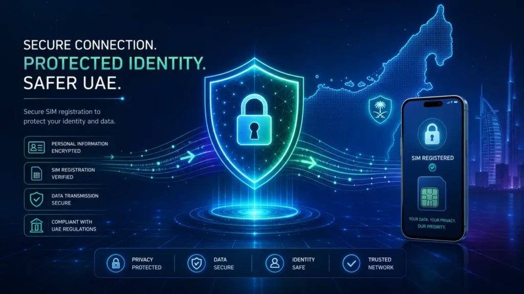 Digital shield protecting mobile SIM registration data with UAE map background, symbolizing secure Etisalat verification and privacy.