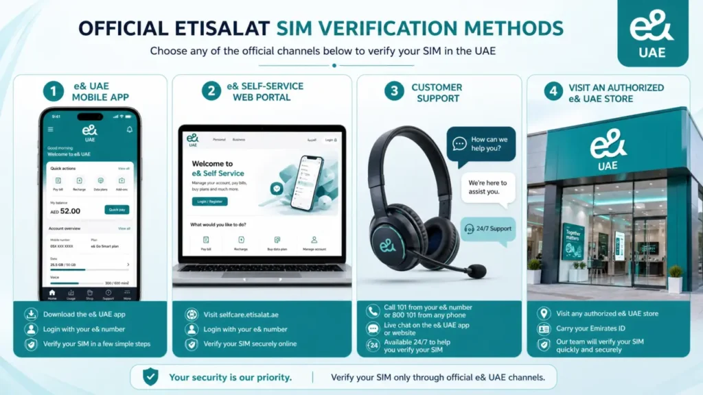 Icons representing Etisalat app, online portal, customer support, and physical store, illustrating official SIM verification methods.